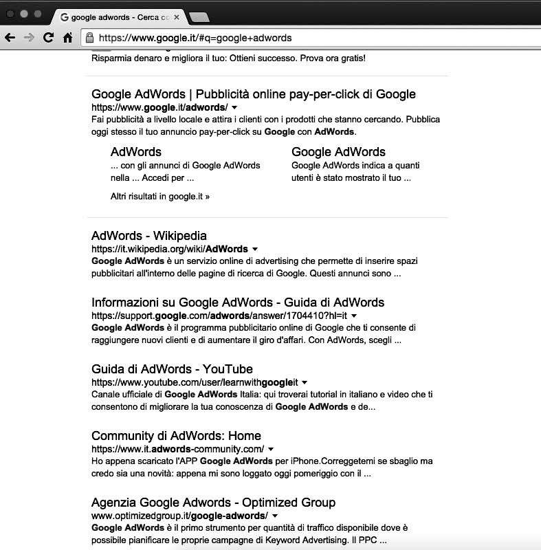 Google.it search results showing Optimized Group ranking for Google AdWords